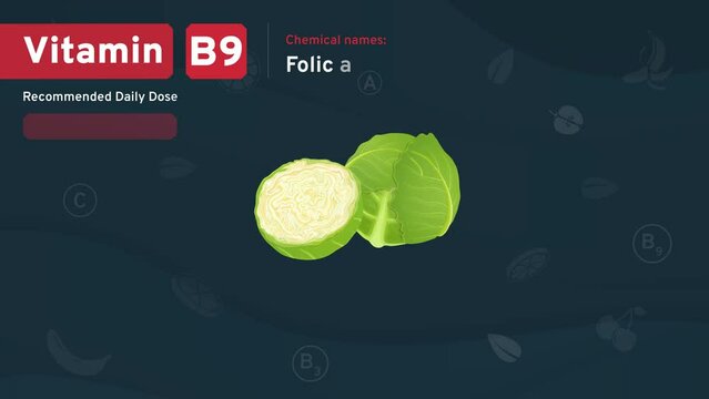 Vitamin B9 Illuminating Health from Within-Discover the Daily Dose, Chemical Power, Retinol Structure, and Rich Foods with Serving Sizes to Nourish Your Vision- Video infographics Design