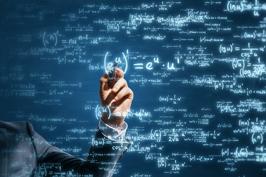 Close up of businessman hand using glowing digital math formulas hologram on blurry background. Ai and statistics, education concept.