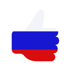 Thumb shape icon of russian flag colors. Hand with big finger up, like symbol on white, flat style. Vector clipart, illustration of confirm, approve, agree with Russia, sign for web design or print.