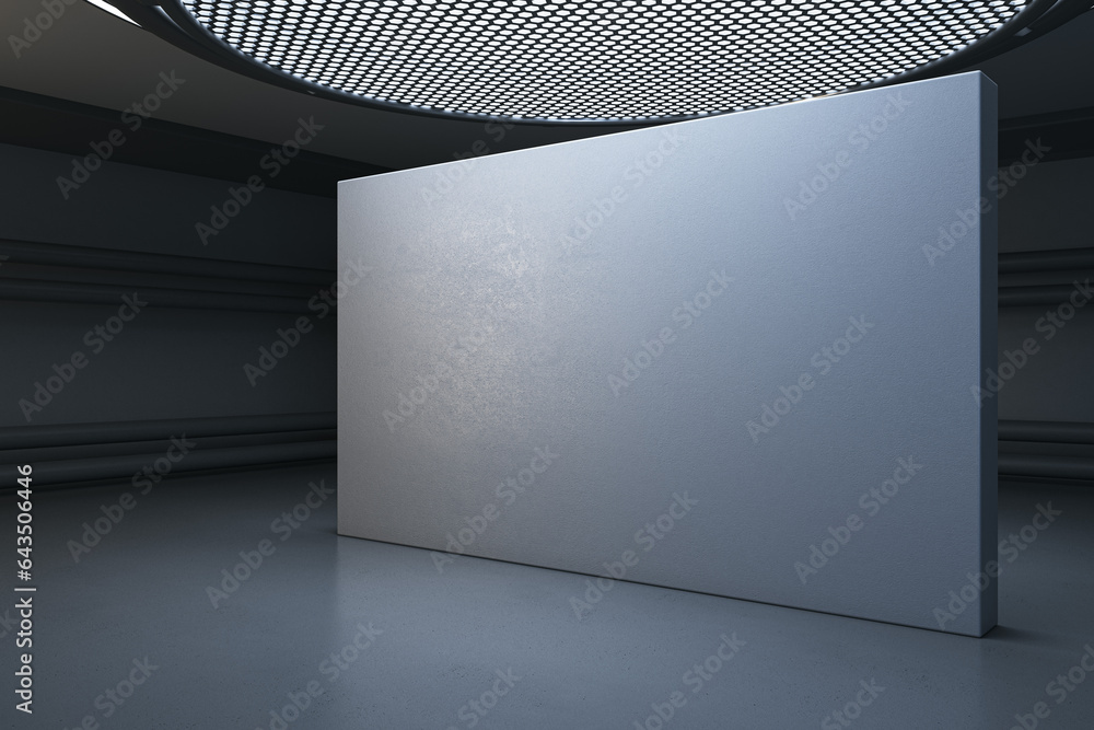 Poster modern dark futuristic interior with round ceiling and empty billboard with mock up place. grunge ga