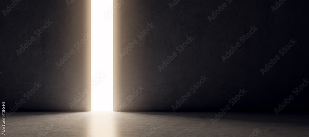 Poster bright line opening on black concrete wall background with wide mock up place. future, way and ambit