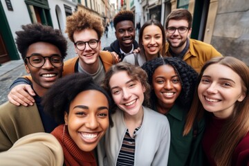 Fototapeta premium Friends taking selfie in the city. lifestyle. generative ai. Concept of friends of different nationalities.