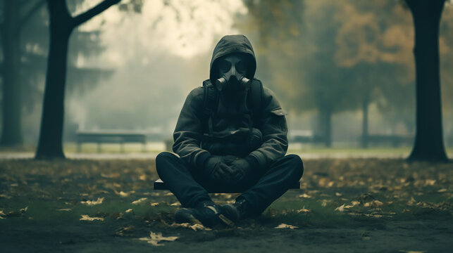 The image showcases a worried individual, seated in a park wearing an oxygen mask, surrounded by intense smog and a darkened atmosphere, emphasizing the harmful impact of climate change