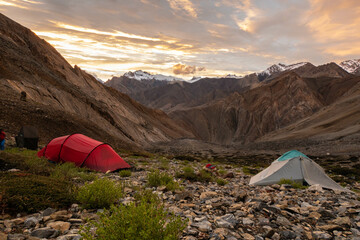 Camping below the Nialo Kontse La Pass on a trek to Zanskar, Ladakh, India 