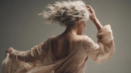 Rear view of a beautiful senior woman with grey hair wearing a dress dances in a grey studio....