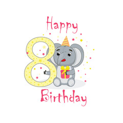 happy birthday eight party yellow pink gift elephant illustration eps10