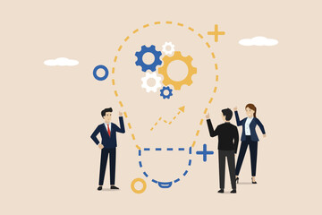 Exchange ideas. The team discusses a new project or discusses finding a solution to a problem. Light bulb as a symbol of new ideas and problem solving. Illustration of successful businessman.