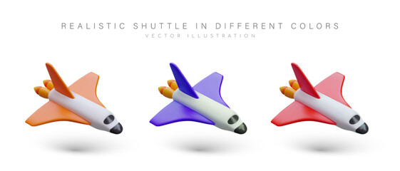 3D shuttle, set in different colors. Gliding spaceship. Space exploration. Flying machine. Space rocket. Isolated vector illustration. Icons in modern style