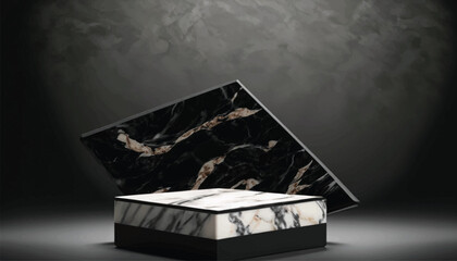 Black pedestal with marble pattern on dark black background. Empty square base in luxury design for product display, advertising, sale, and show vector