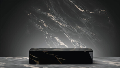 Black pedestal with marble pattern on dark black background. Empty square base in luxury design for product display, advertising, sale, and show vector
