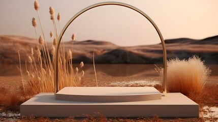 3D podium background, stand on natural dry grass. Natural pedestal in pastel, beige colors. Minimal showcase advertising with arches, curved concrete walls. Field with autumn dry grass. AI generated