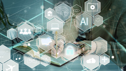 Artificial Intelligence AI, Internet of Things IoT. Business man using laptop computer on technology background, big data, deep learning, smart phone chatbot application, 4.0 industrial technology.