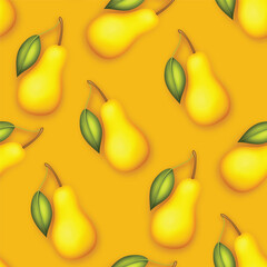 Seamless Pattern with Colorful Cute Pear in Modern Plastic Style. Trendy Cartoon Texture. Realistic Object. Modern Concept. Vector 3d Illustration