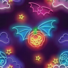 Seamless pattern with glow Flying Vampire Pumpkin on Coundly Night Sky. Halloween Mood. Neon Light Texture, Signboard. Glossy Background. Vector 3d Illustration