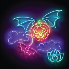 Glow Halloween Greeting Card with Flying Vampire Pumpkin on the Night Sky. Postcard Holiday Template. Shiny Neon Light Poster, Banner, Invitation. Glossy Background. Vector 3d Illustration