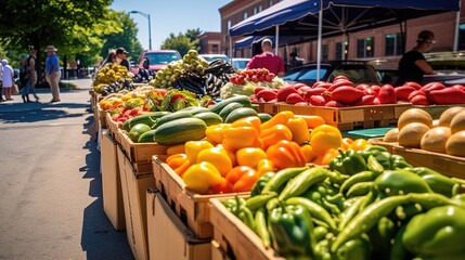 Vibrant Farmers Market. Fresh background, organic produce at a Farmers market. Assorted fruits and vegetables.