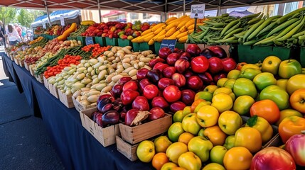 Vibrant Farmers Market. Fresh background, organic produce at a Farmers market. Assorted fruits and vegetables.