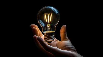 Hand holding light bulb on dark background, light bulb in hand, Concept and new idea background.