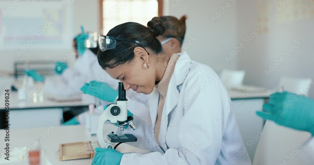 Poster Education, science and students in laboratory with microscope for learning, lesson and practical. Chemistry, biology and girl with equipment for sample study, analysis and research at university