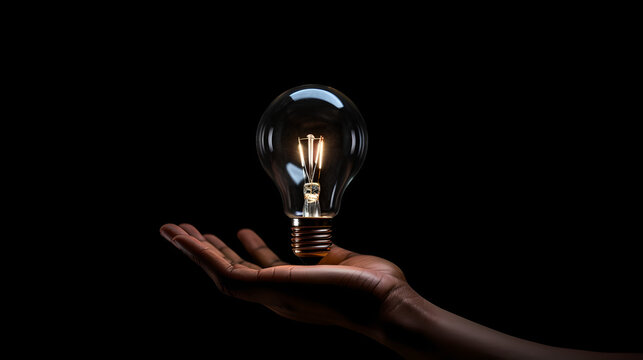 Hand holding light bulb on dark background, light bulb in hand, Concept and new idea background.
