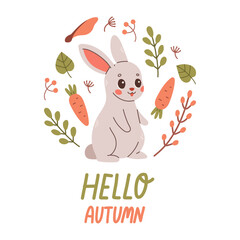 Hello autumn postcard with rabbit. Woodland card with leaves and cute forest animal on white background