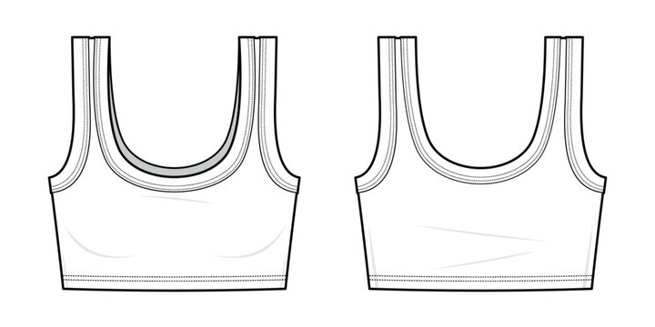 white cropped sleeveless tank top technical fashion illustration. bra top vector template illustration. sleeveless, simi square scoop neckline. front and back view. women's. white color. CAD mock-up 