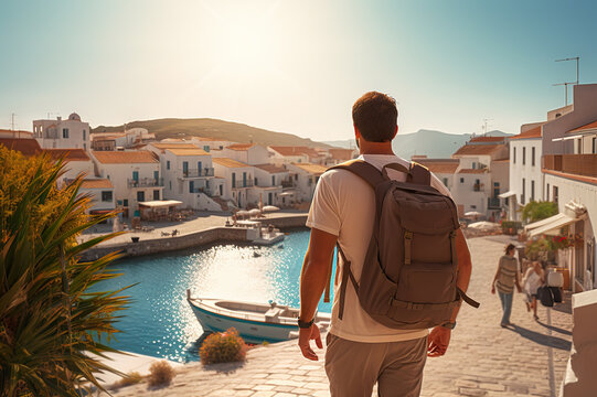 Tourist Man with Backpack Explores Mykonos on a Relaxing Vacation Getaway. created with Generative AI