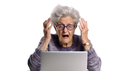 Grandmother with grey hair was surprised in front of a laptop, senior woman shocked when looking something in computer laptop. Isolated white background