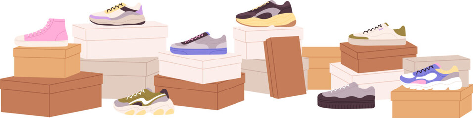 Shoes and boxes. Sneakers packing, craft stylish box and casual boots. Retail presentation, footwear collection advertising racy vector scene
