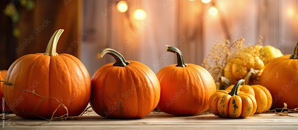 Poster beautiful pumpkins on the table in a fall setting