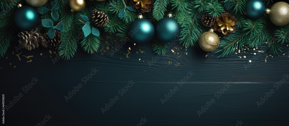 Poster decorated tree with empty area surrounded by green christmas items