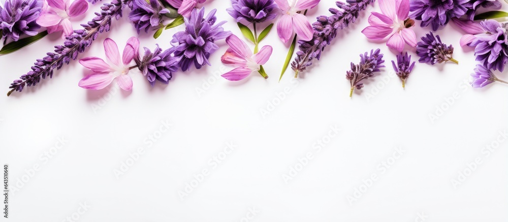 Poster fresh lavender flowers arranged in a square frame on a white background top view with copy space