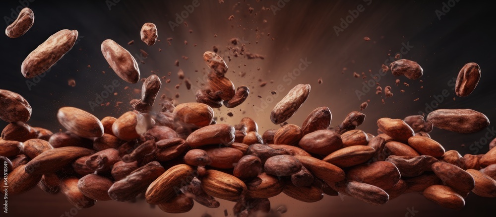 Poster cocoa beans float in the air frozen in motion