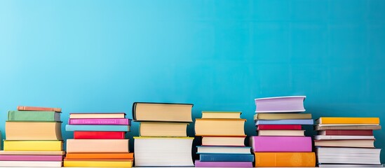 Pile of bright books Educational context School season Empty area for writing
