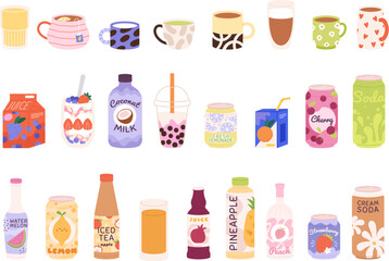 Drinks and beverages collection. Coffee and tea, milk shake, juice and cocktail. Liquids in bottles, cans and paper box. Isolated cups vector set