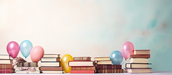 Celebration of book lovers with stack of books and text copy space