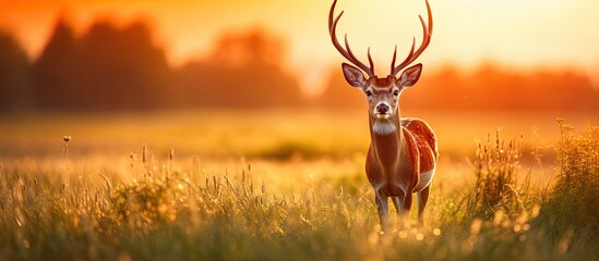Buck with large antlers approaching on green meadow in summer - obrazy, fototapety, plakaty