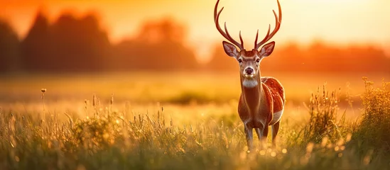 Fotobehang Buck with large antlers approaching on green meadow in summer © vxnaghiyev