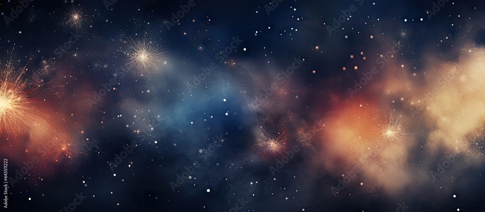 Poster close up abstract background of fireworks in the night sky with space for text