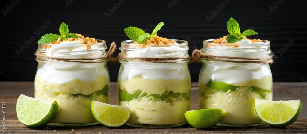 Poster individual key lime pie cheesecakes in jars on a wooden background with room for text