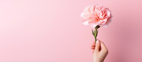 Pink carnation on pink background Space to write
