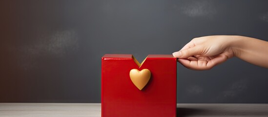 Red and gold heart placed in red donation box symbolizing devoted faith and charity Copy space