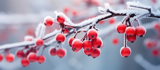 Hoarfrost covers frozen red berries on a winter day