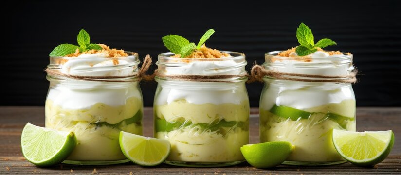 Individual key lime pie cheesecakes in jars on a wooden background with room for text