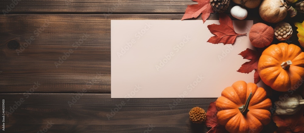 Aufkleber Fall themed flat lay with empty paper and dried leaves alongside a pumpkin on a table Copy space