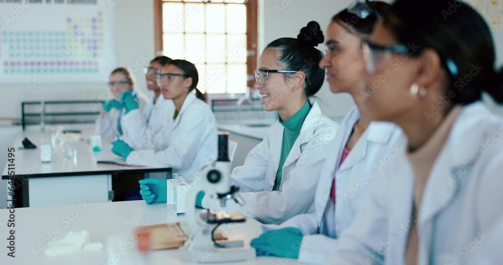 Poster laboratory, students listening and school for research, future scientist class on college table. lec
