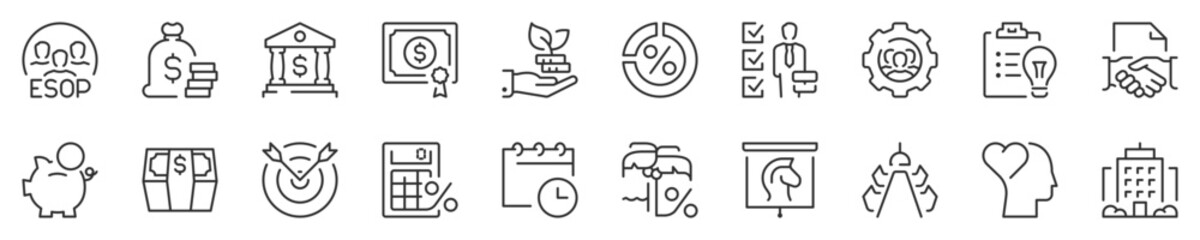 Employee Stock Ownership Plan, business concept. Thin line icon set. Symbol collection in transparent background. Editable vector stroke. 512x512 Pixel Perfect.