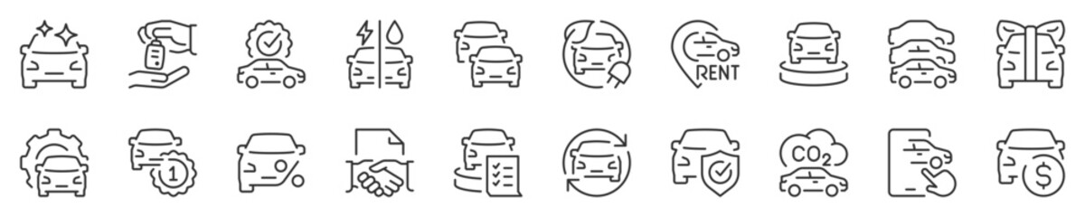 Car dealership, thin line icon set. Symbol collection in transparent background. Editable vector stroke. 512x512 Pixel Perfect.
