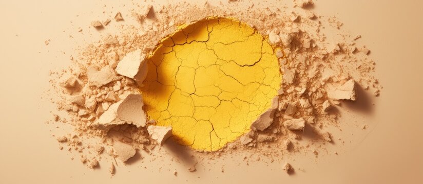 Broken yellow eye shadow swatch on beige background copy space Eye makeup powder texture Yellow crushed makeup sample for females