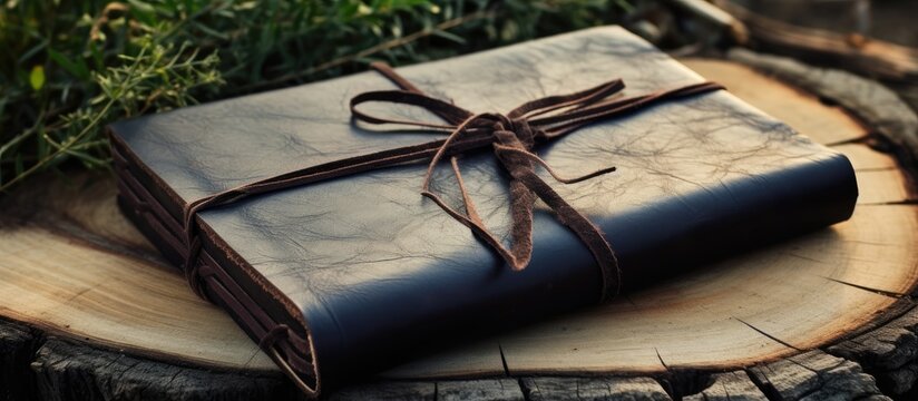 Black leather bound journal with cord placed outside on table with space for copy